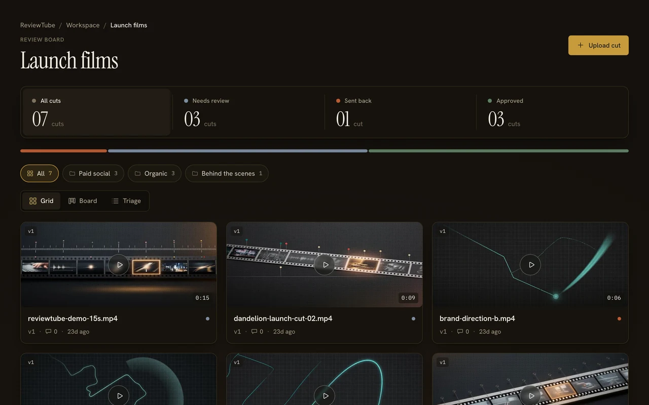 ReviewTube review board: Launch films workspace with cuts in review, sent back, and approved