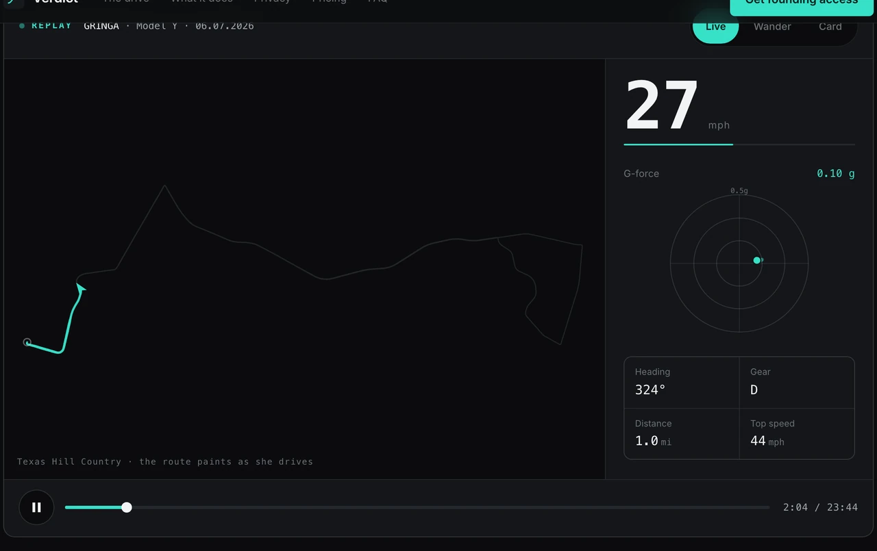 Verdict: live Model Y drive replay with route trace and instruments from the car's own data